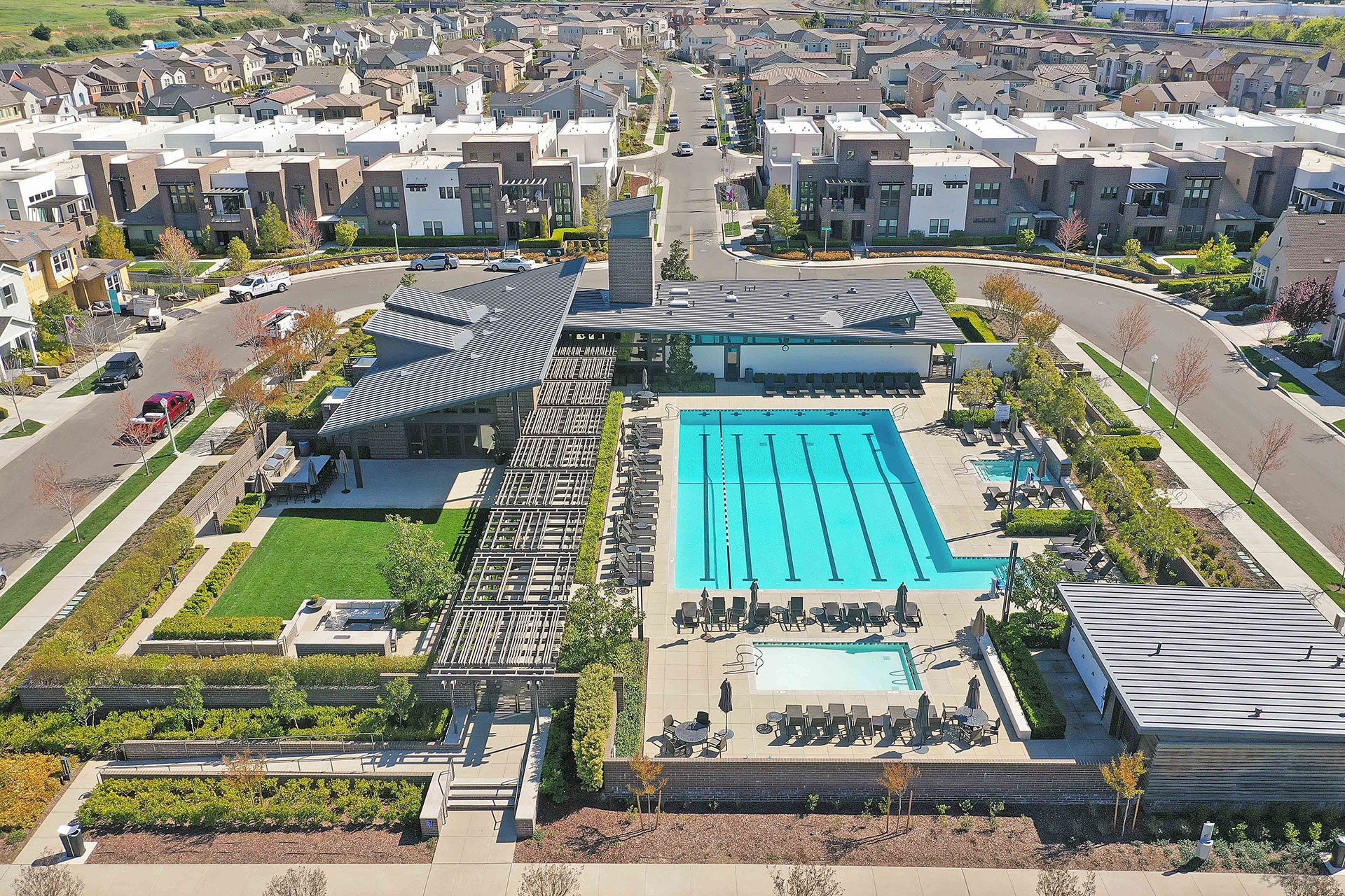 Aerial view of a commercial community landscape maintained by JG Landscape Management