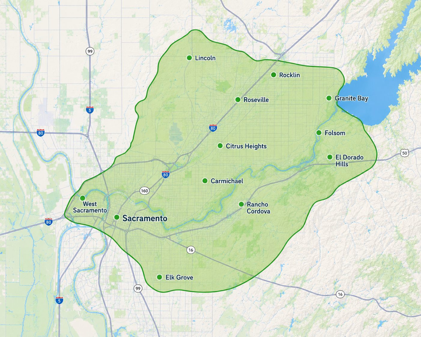 Map of JG Landscape Management's Sacramento region service area, from Lincoln to Elk Grove and West Sacramento to El Dorado Hills
